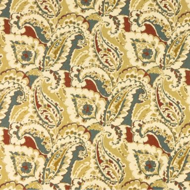 Delhi Diseño de paisley en tonos amarillos, rojos y azules sobre fondo claro.