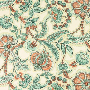 Goa Fondo textil con un diseño floral en tonos verdes, naranjas y crema.
