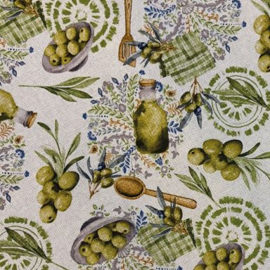 Olivas Patrón decorativo de aceitunas, aceite y utensilios de cocina en tonos verdes y marrones.