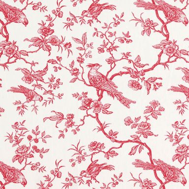 Pájaros en rojo Patrón de flores y aves en color rojo sobre fondo blanco.